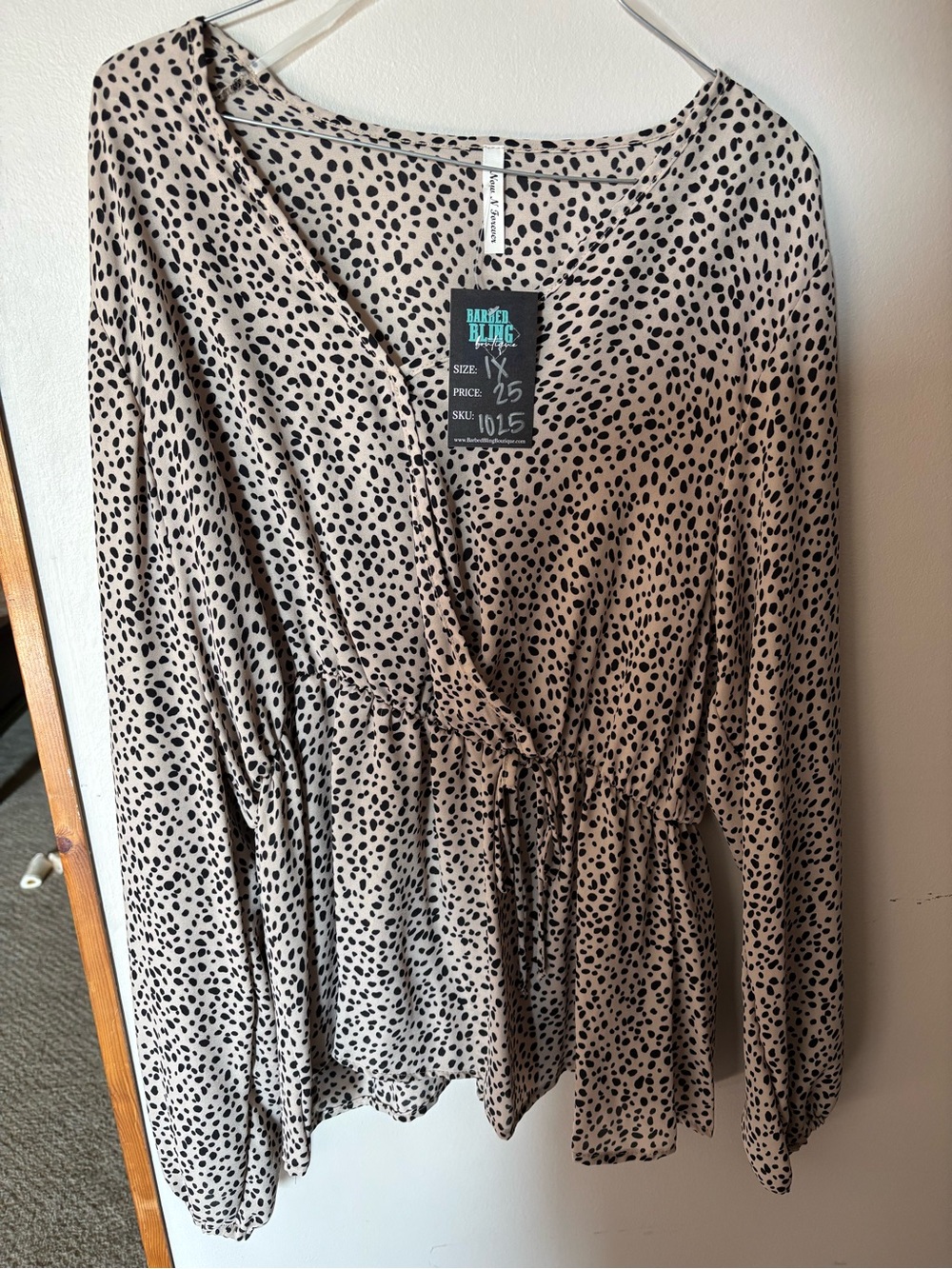 Leopard-Print Faux Wrap Blouse Taupe long sleeve elastic wrist, Now and Forever